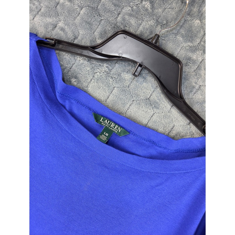 Lauren Ralph Lauren Womens Royal Blue Boat Neck Cotton Cuffed Sleeve Top Large